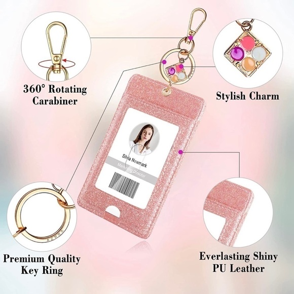pink Glitter Badge Reel Wallet Card Holder - Picture 2 of 5